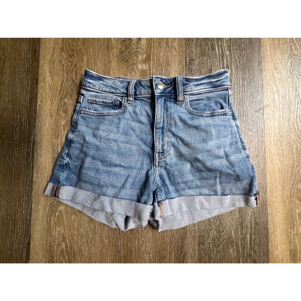 American Eagle Mom Shorts Women Size 0 Blue Denim High Waisted Cuffed‎ Stretch